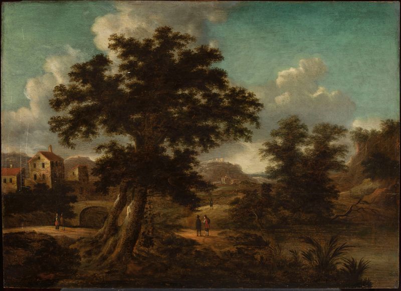 Paisaje óleo de Georg Heinrich Hergenröder con un puente, árbol y viajeros.