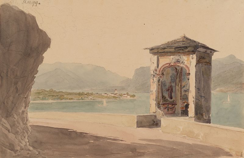 Landscape oil painting by Johann Jakob Meyer featuring a chapel and rolling hills