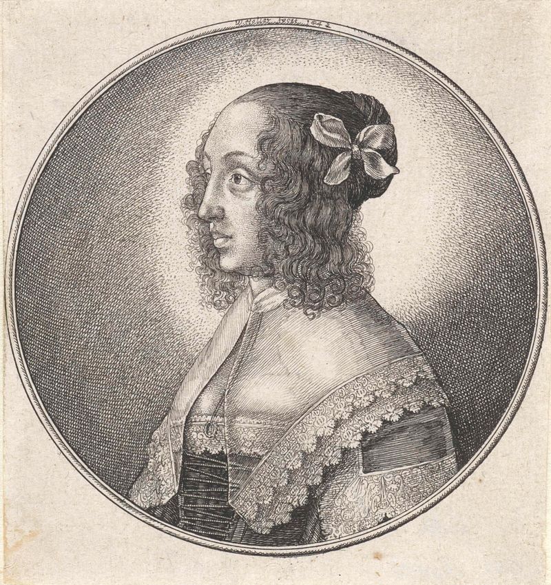 Retrato de uma mulher com um colar de renda e um laço no cabelo, gravura de Wenceslaus Hollar