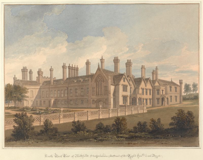North West View of Blithfield, paisaje de John Buckler