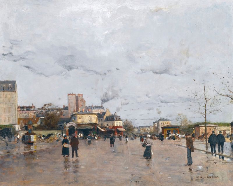 Escena de crepúsculo con farolas y adoquines de Luigi Loir, Impresionismo