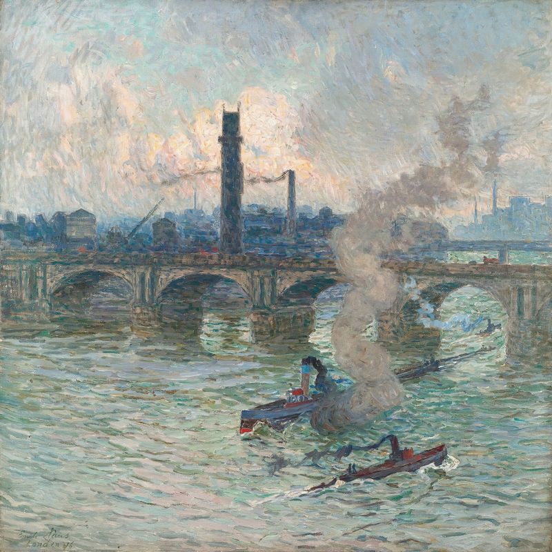 Landscape of the Thames with fog and smoke, oil painting by Emile Claus