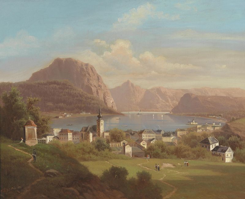 Landscape of Blick auf Gmunden by Ferdinand Lepie, oil on canvas, featuring tranquil waters and distant mountains.