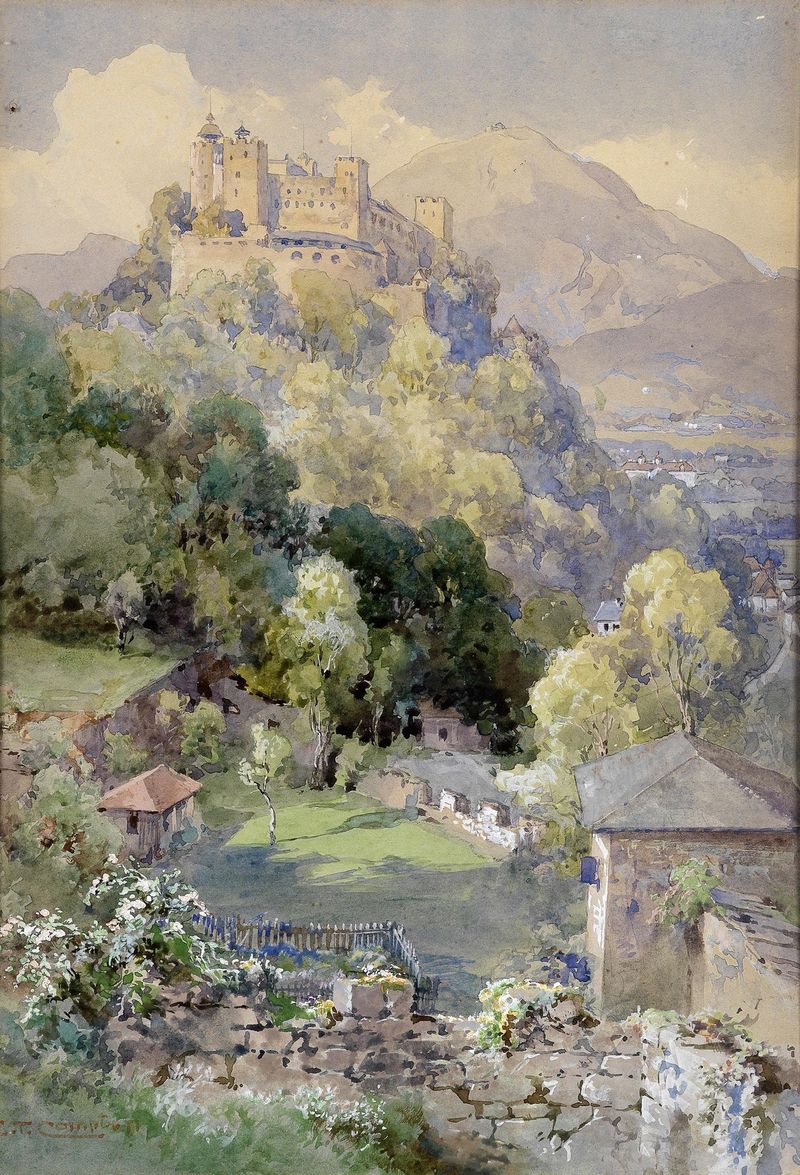 Paisaje con una fortaleza y vegetación exuberante de Edward Theodore Compton, pintura al óleo