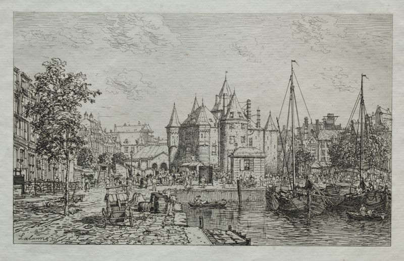 Gravura de Maxime Lalanne mostrando Amsterdã movimentada com figuras e canais.