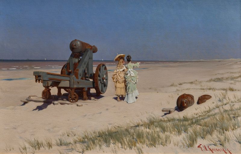 Marine scene with figures at the beach, oil painting by Frederik Hendrik Kaemmerer
