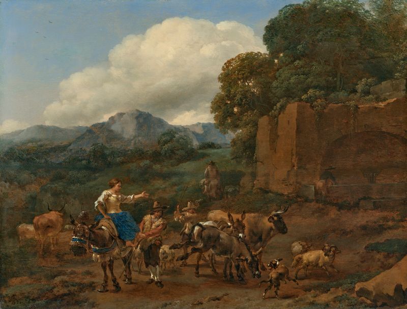 Dutch Golden Age landscape with a shepherdess on a mule by Nicolaes Pietersz Berchem