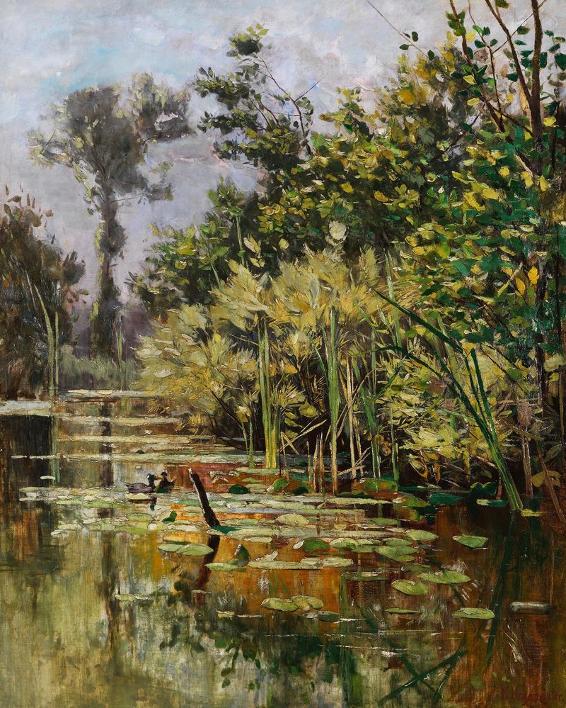 Oil painting by Karl Hagemeister depicting tranquil water with ducks in autumn.