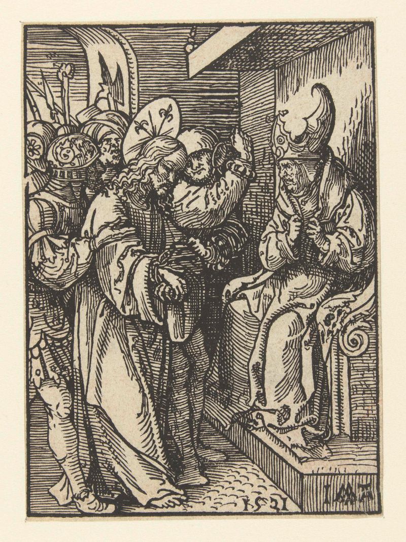 Christus voor Kajafas de Jacob Cornelisz van Oostsanen, obra em papel que retrata Cristo cercado por figuras sombrias.