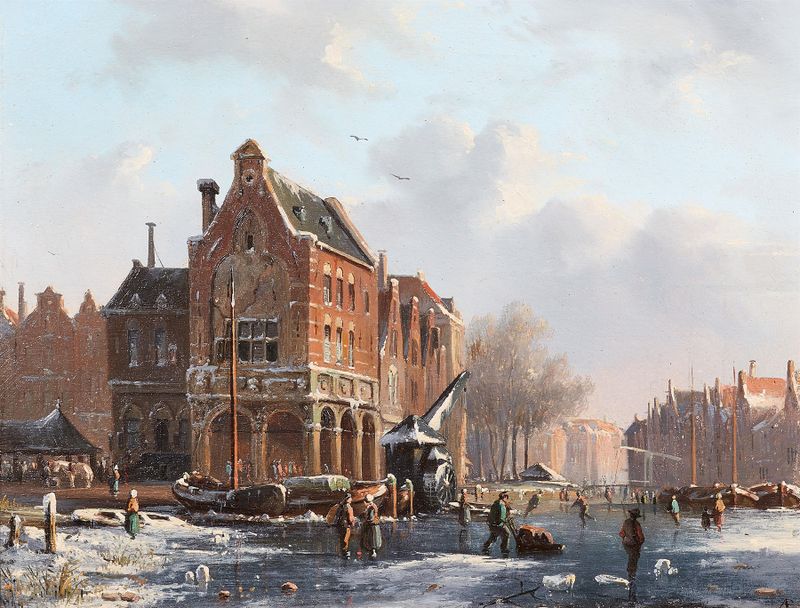 Frozen canal landscape in winter, oil on canvas by Adrianus Eversen