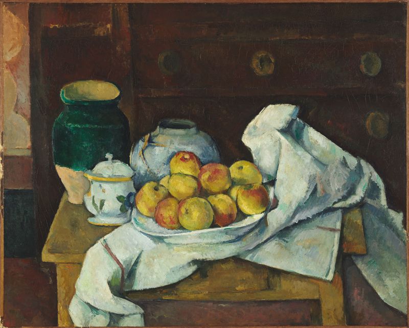 Still Life with Commode, oil on canvas by Paul Cezanne, featuring a vase filled with colorful flowers.