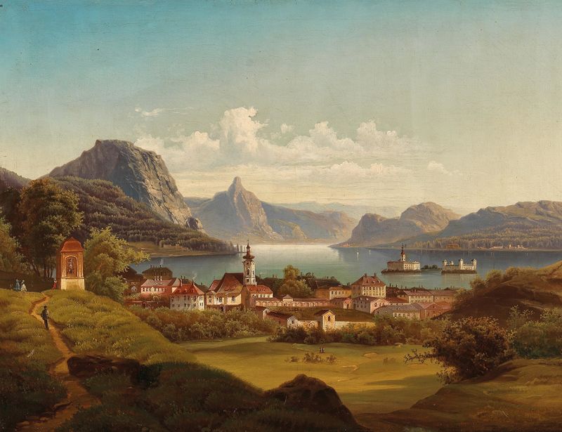 Landscape of Gmunden with Schloß Ort at Traunsee, oil painting by Johann Wilhelm Jankowsky