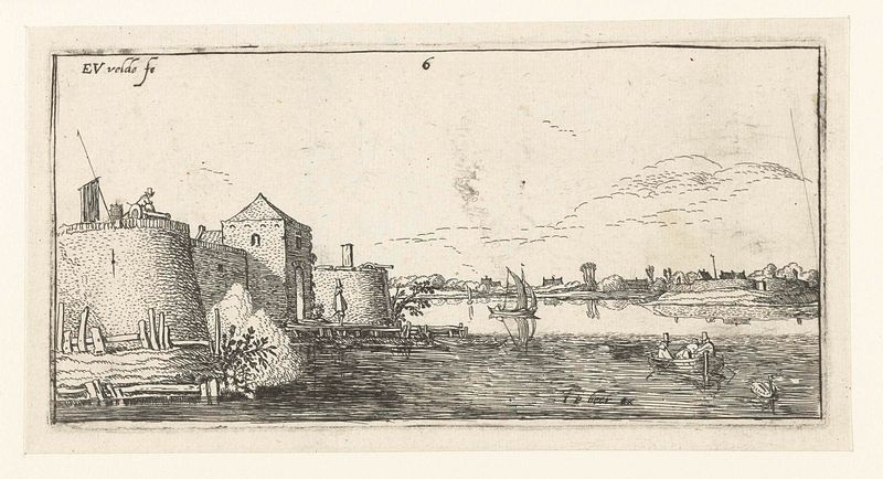 Grabado de Esaias van de Velde que muestra una fortaleza junto a un río bajo un cielo nublado