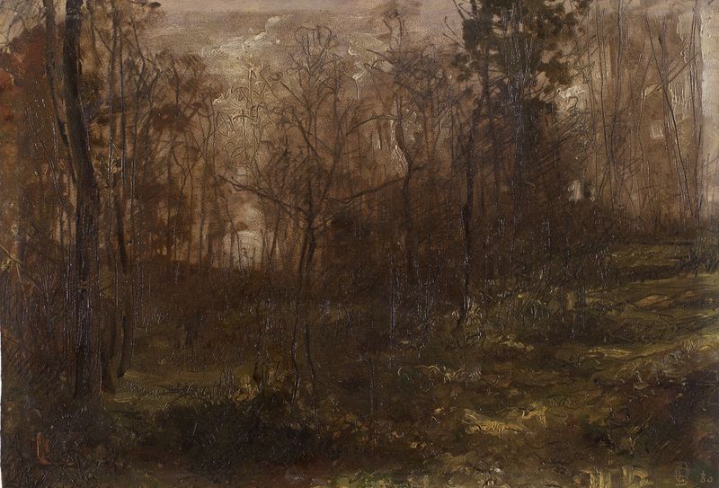 Autumnal Woodland Scene by Gustave Den Duyts, oil painting depicting a tranquil woodland in autumn.