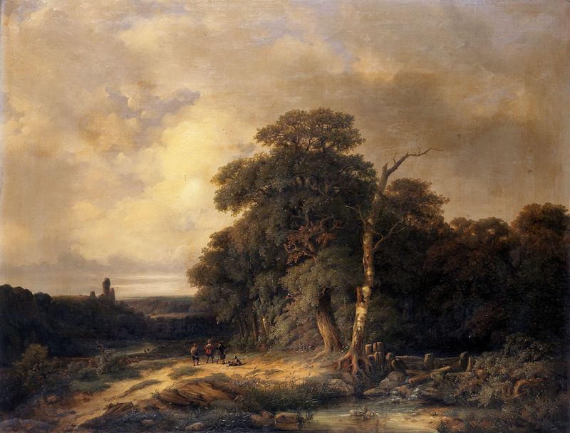 Paisaje con Cazadores de Henri Schoofs, pintura al óleo que muestra cazadores en la naturaleza.