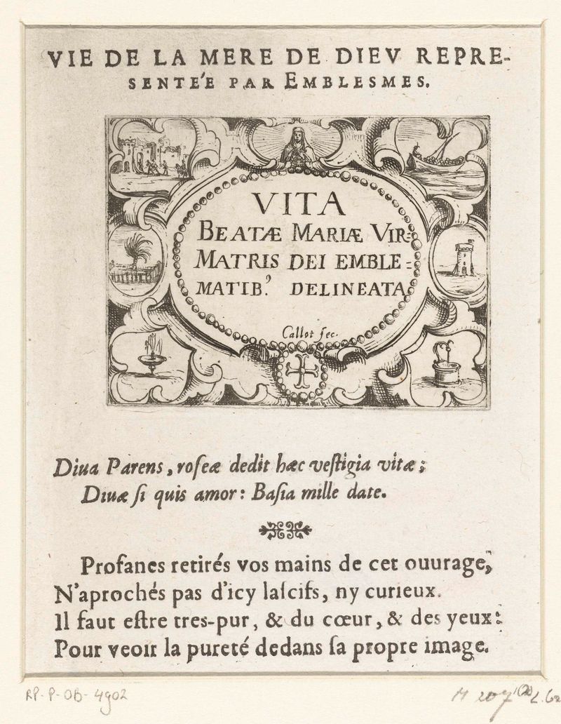 Grabado de Jacques Callot con figuras intrincadas y bordes ornamentales