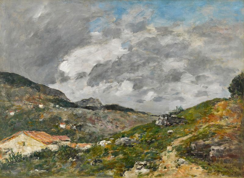 Montagnes, Environs de Nice de Eugène Boudin, pintura al óleo que representa montañas serenas.