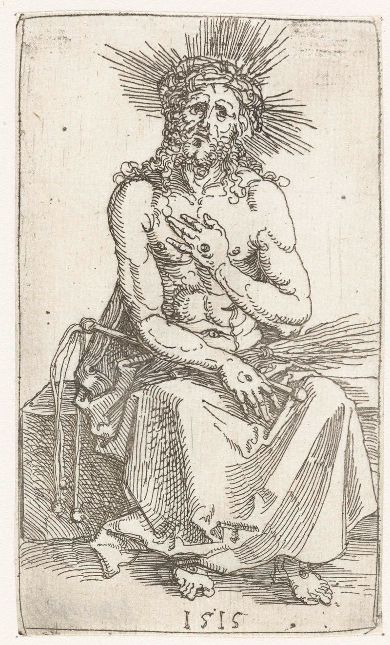 Gravura de Albrecht Dürer retratando Cristo sentado em tristeza.