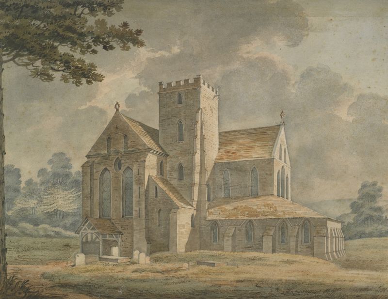 Country Church de Thomas Hearne, pintura a óleo que retrata uma igreja em uma paisagem exuberante.