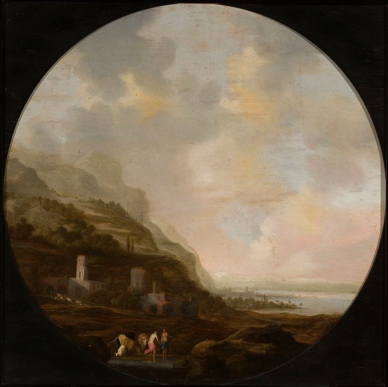 Paisaje italiano de Dirck Dalens, óleo sobre lienzo que representa colinas y luz dorada