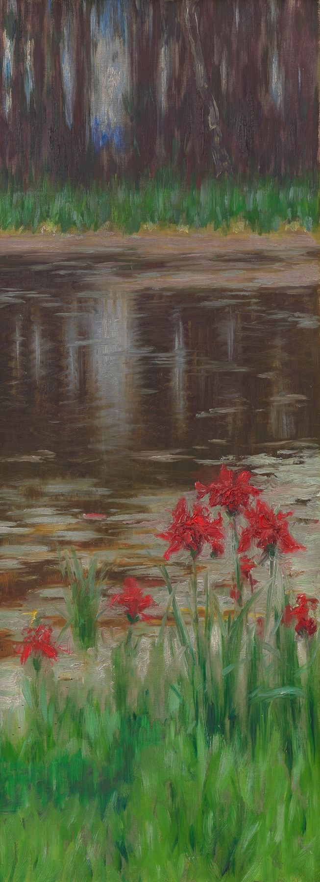 Oil on canvas by Wilhelm Bernatzik depicting a tranquil pond with reflections