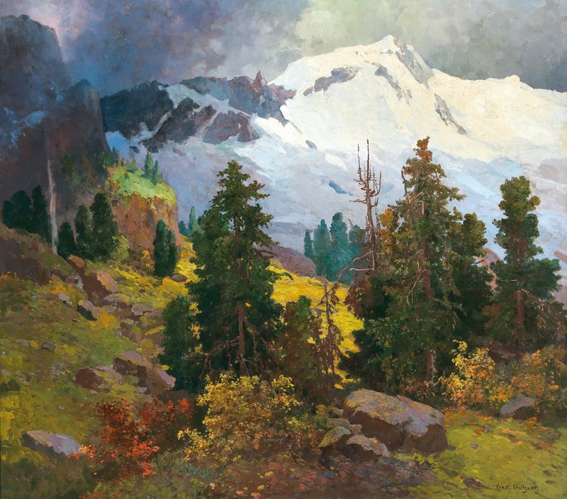 A Vast Mountain Landscape de Konstantin Stoitzner, pintura a óleo que retrata majestosas montanhas e um céu sereno.