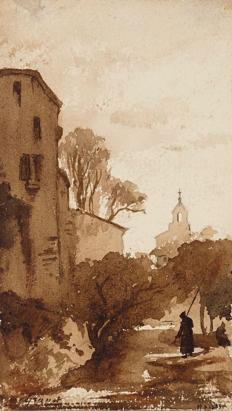 Landscape with a steeple, oil on canvas by François-Marius Granet