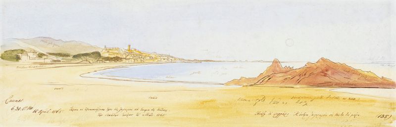 Cannes de Edward Lear, acuarela sobre papel que representa un paisaje costero al atardecer.