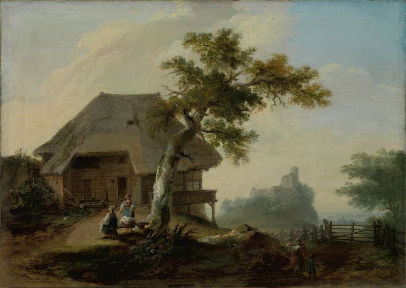 Landschaft mit Bauernhof by Caspar Wolf, oil on canvas depicting a farmhouse in a sunlit landscape