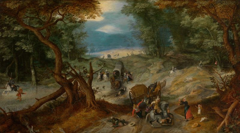 Escena histórica de caos con viajeros y soldados, óleo sobre panel de Jan Brueghel el Viejo