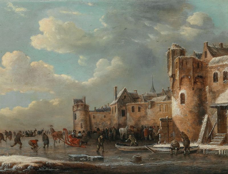 Skaters and a sleigh on ice outside a town, oil painting by Thomas Heeremans