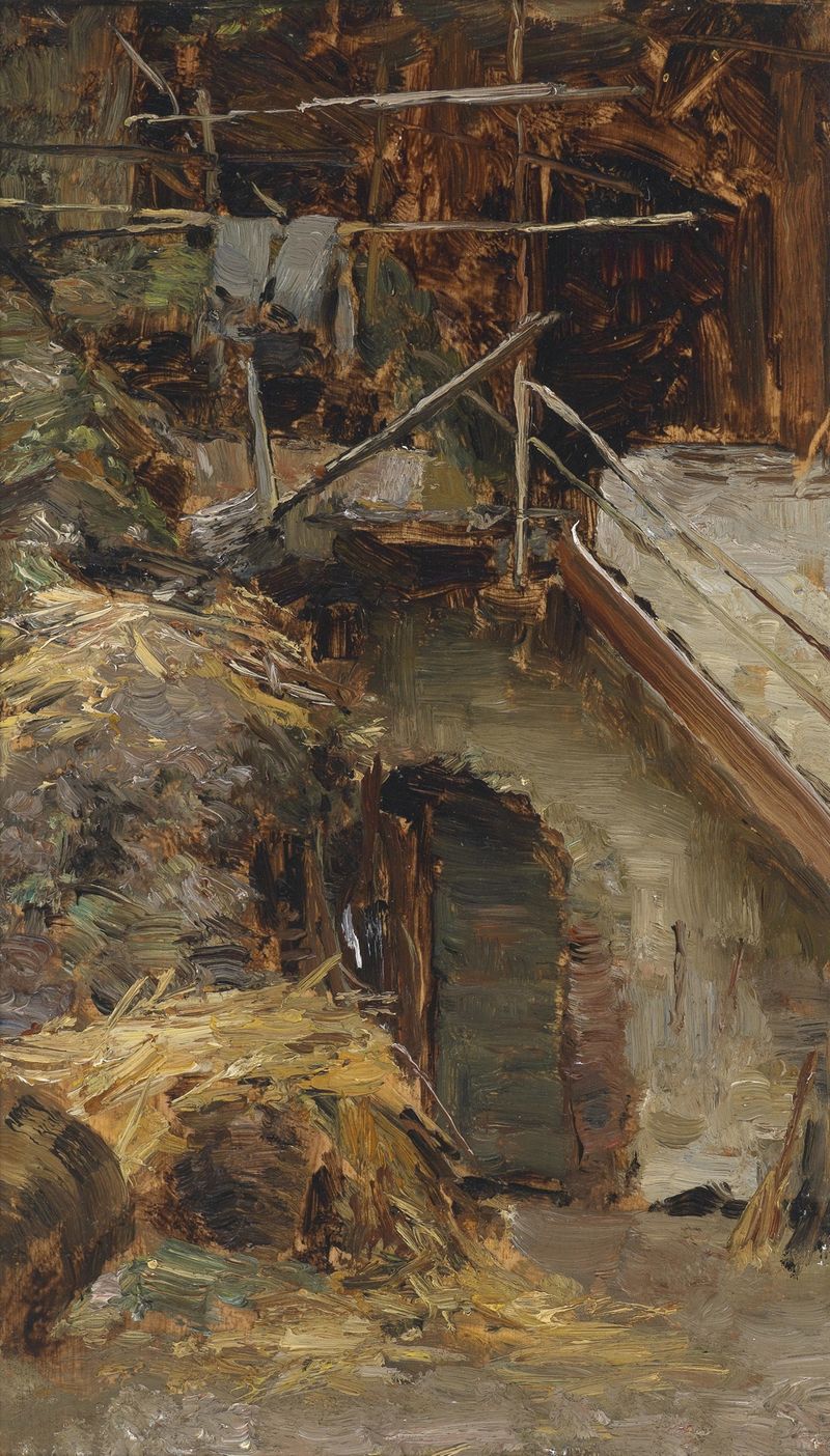 Escena interior con vigas de madera y suaves sombras, óleo de Olga Wisinger-Florian