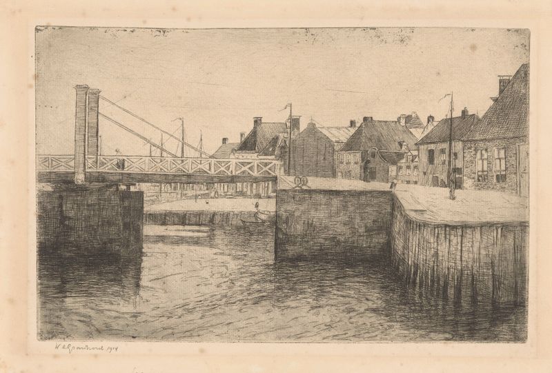 Ophaalbrug in Harlingen de Willem Adrianus Grondhout, pintura al óleo que muestra un puente al atardecer