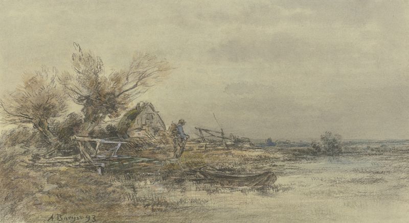 Fisherman’s house by the water, óleo sobre lienzo de Anton Burger, que representa una cabaña junto a un río rodeada de veg...