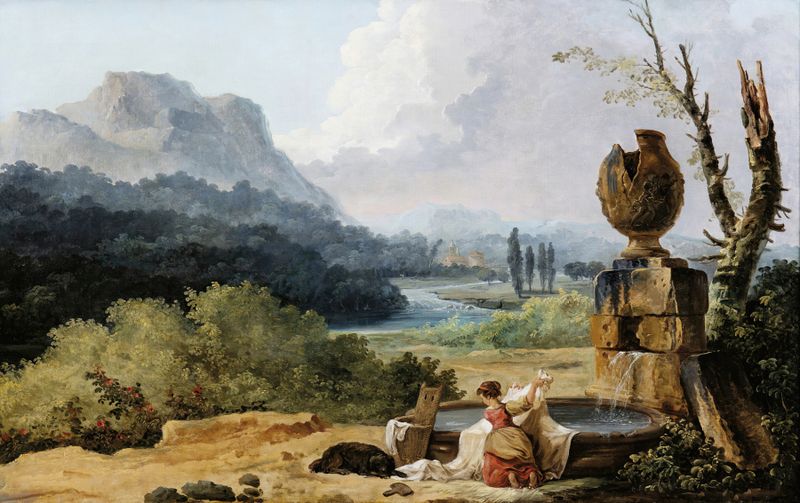 Cena de gênero rococó representando uma lavadeira em uma paisagem de Hubert Robert