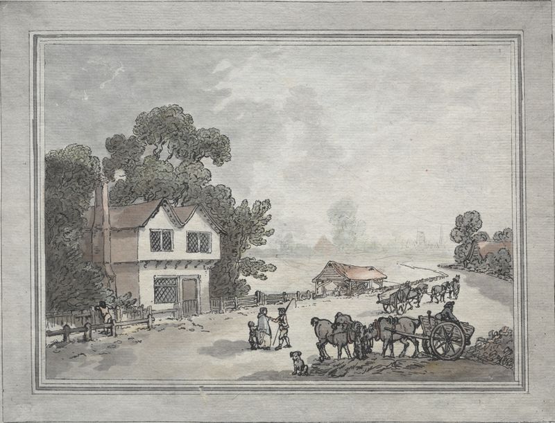 Horses and carts on a country road, watercolor on paper by Thomas Rowlandson