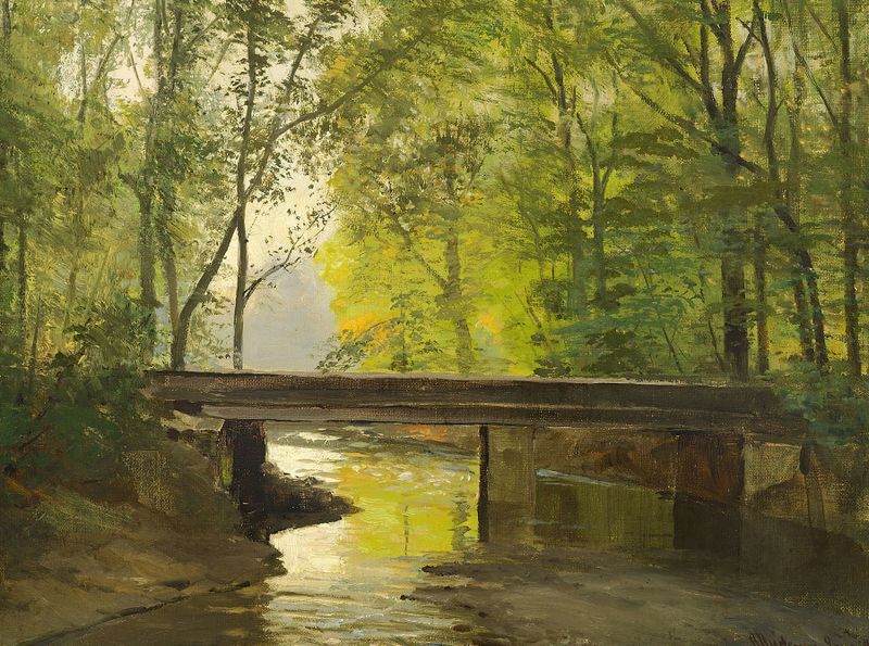 Paisagem florestal com luz filtrada, pintura a óleo de Anders Andersen-Lundby