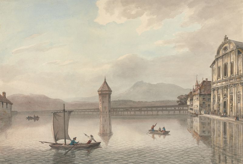 A View at Lucerne, óleo sobre tela de William Pars, apresentando um lago tranquilo cercado por montanhas e luz do sol.