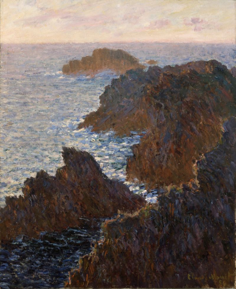 Rocks at Belle-Isle, Port-Domois by Claude Monet, oil painting depicting rugged rocks and sunlight.