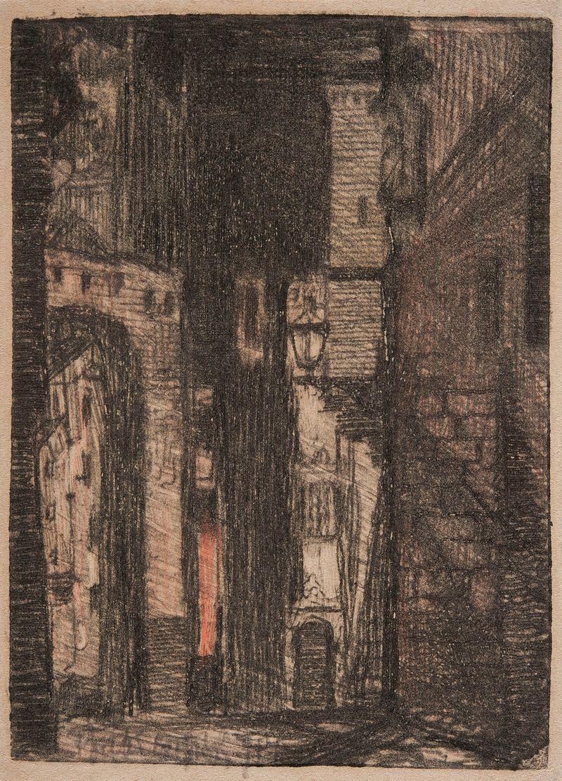 Alley with a lantern, óleo sobre tela de Feliks Jabłczyński, apresentando uma lanterna iluminando um caminho de paralelepí...