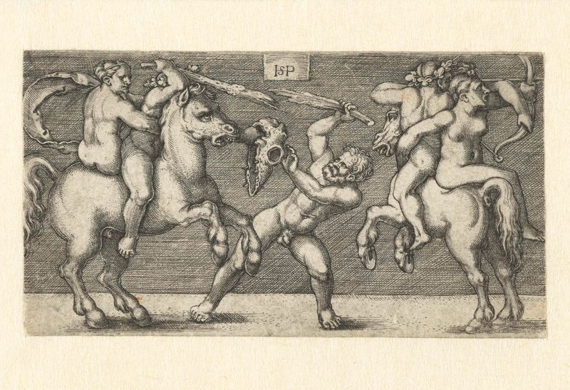 Gravura de Hans Sebald Beham mostrando homens lutando com mulheres a cavalo