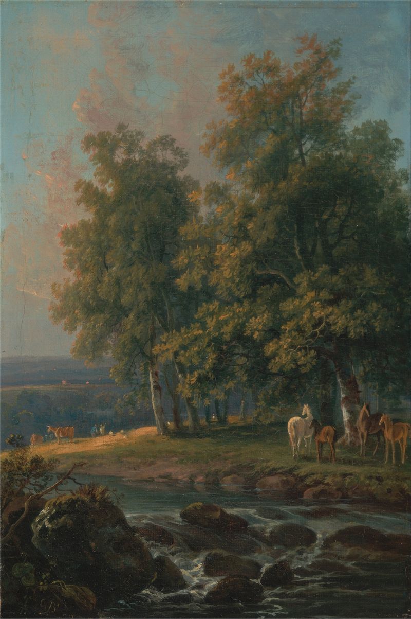 Horses and cattle by a river, oil on canvas by George Barret