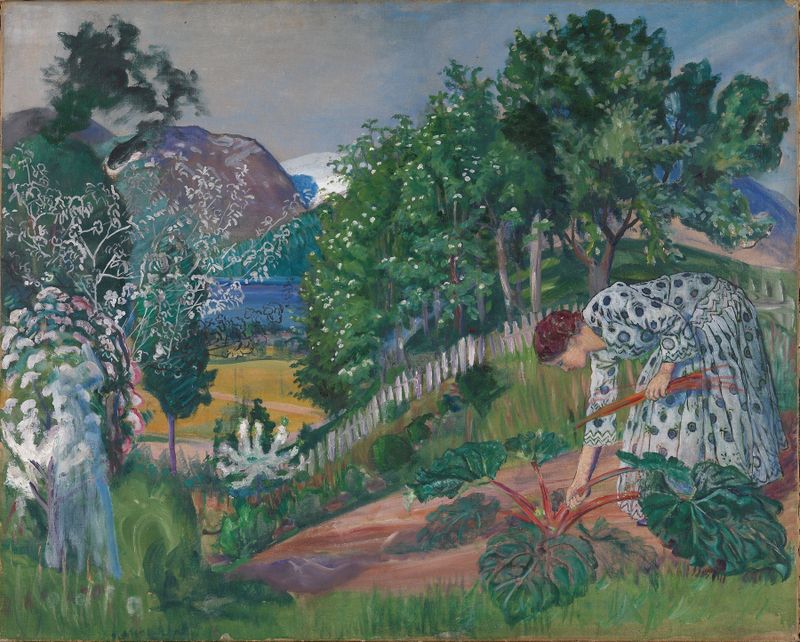 Spring Evening in Jølster by Nikolai Astrup, oil painting depicting a vibrant hillside and sunset.