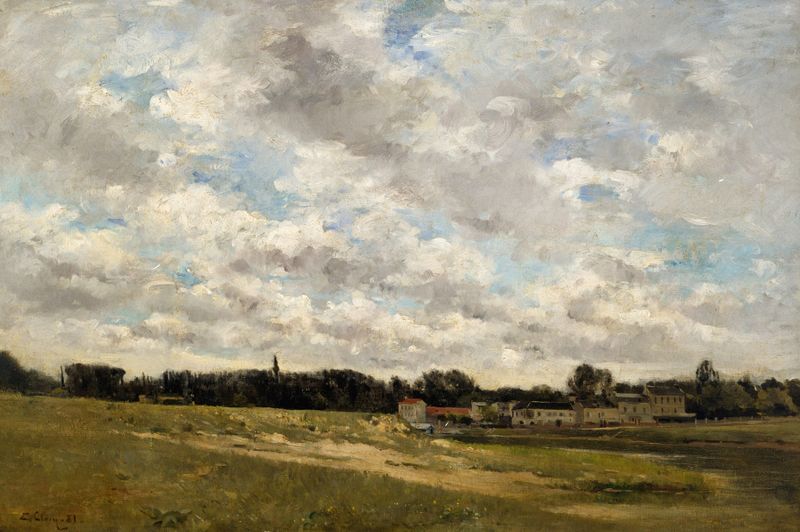 Landscape by Eugène Clary, impressionism, depicting a twilight sky and wildflowers.