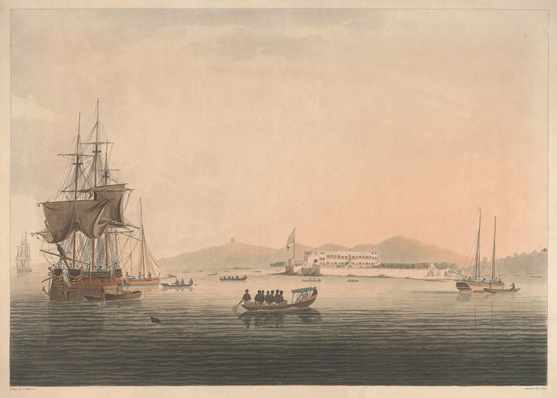 Cape Coast Castle, oil on canvas by George Webster, depicts a British settlement in a tropical landscape.