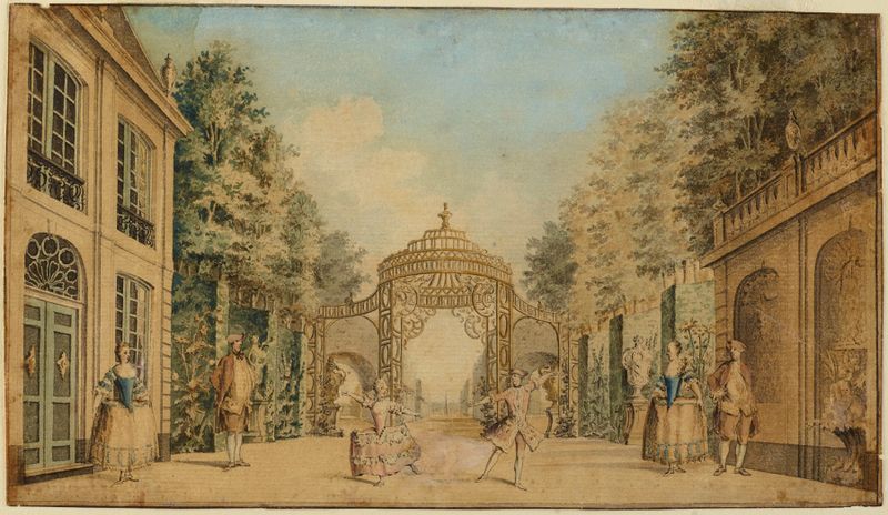 Stage Set with Actors and Dancers Performing, oil on canvas by Charles-François Hutin