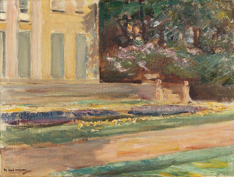 Oil on canvas by Max Liebermann depicting a vibrant garden filled with flowers.