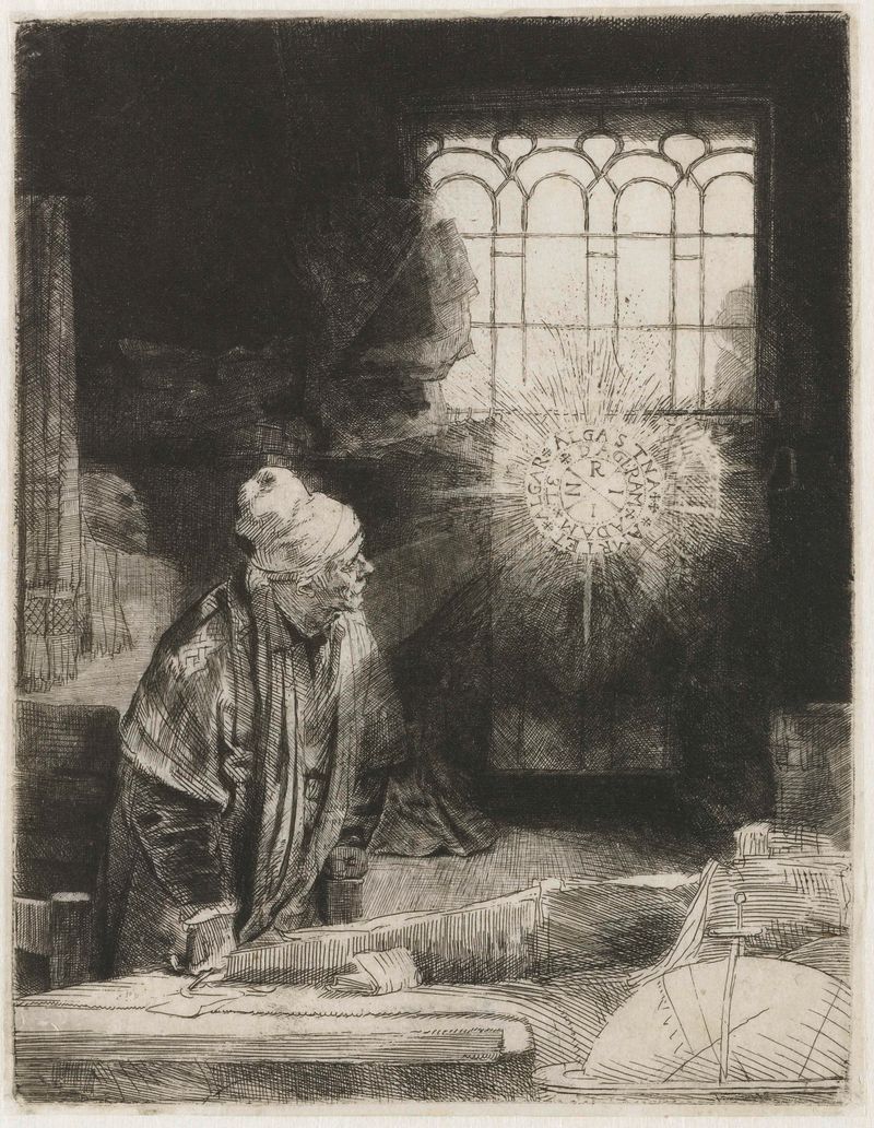 Gravura de Rembrandt van Rijn mostrando um erudito em um estudo com rico trabalho em madeira e luz suave.