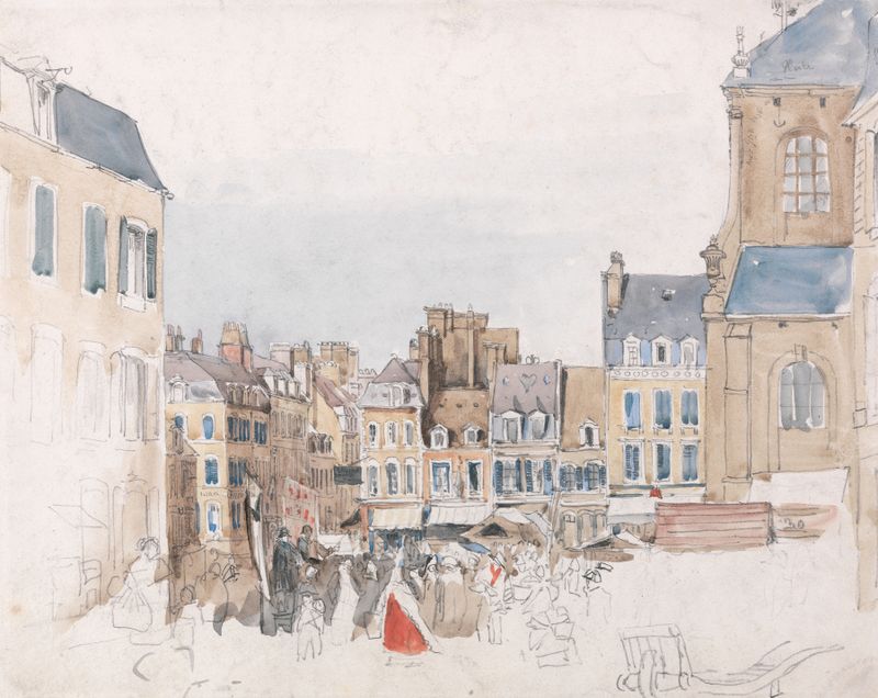 A French Market Place de David Cox, que muestra una escena de mercado bulliciosa en pintura al óleo.