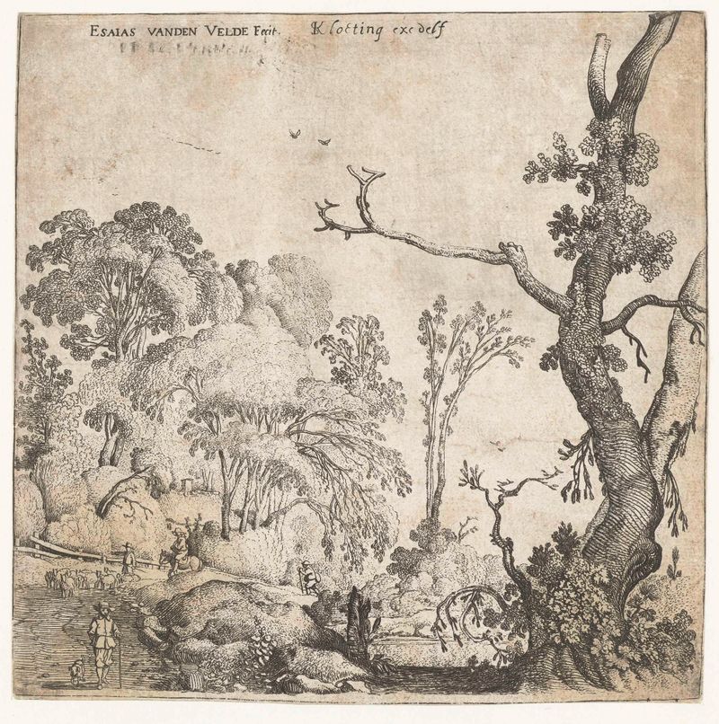 Landschap met bomen de Esaias van de Velde, gravura de uma paisagem tranquila com árvores.